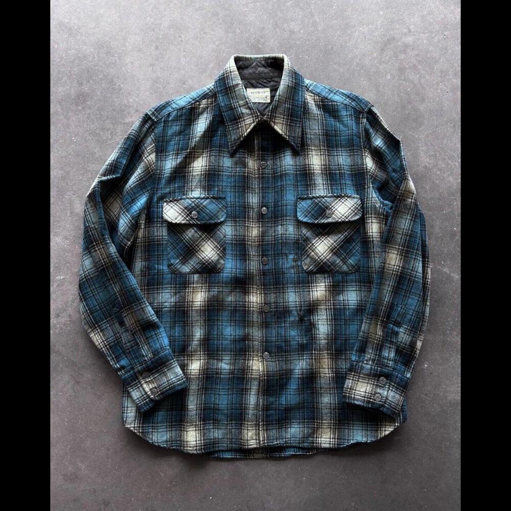 Vintage Keswick by Vanderbilt Wool Shadow Plaid Flannel Button Up Shirt Blue M